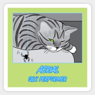 Aerial Silk Performer – funny cartoon of cat watching a spider spin Sticker